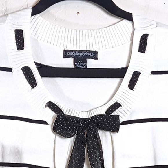 Designers Originals Knit Sweater Women’s XL White Black Stripe Ribbon Bow 90s - Picture 2 of 5